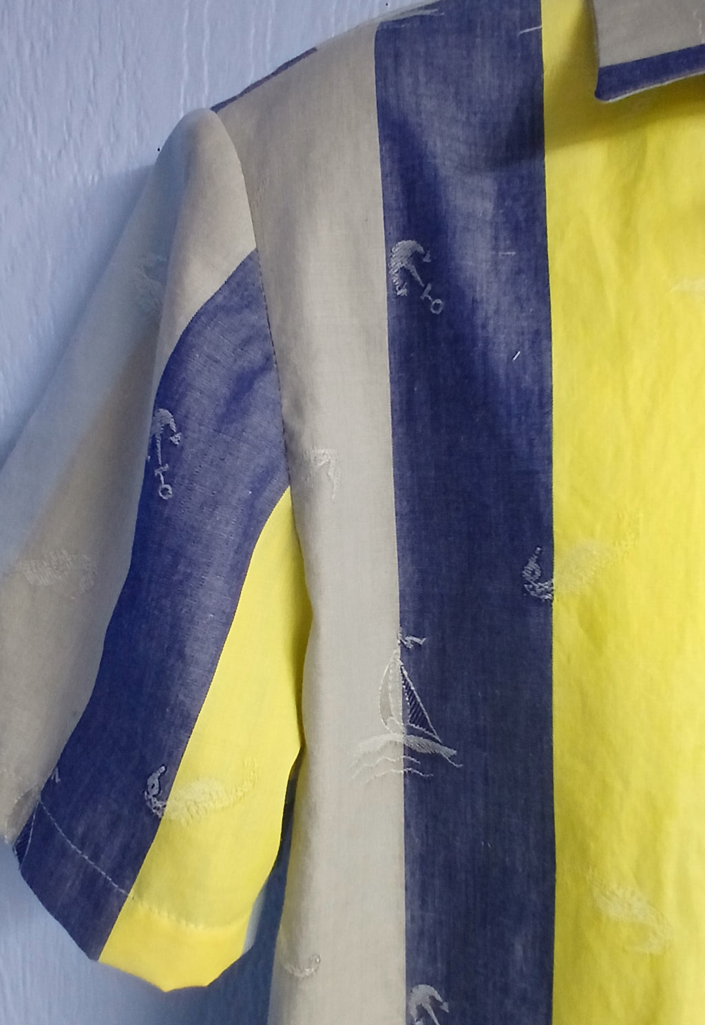 Men's Nautical Stripe Sport Shirt, Short Sleeves, Button Up, Navy Blue & Yellow