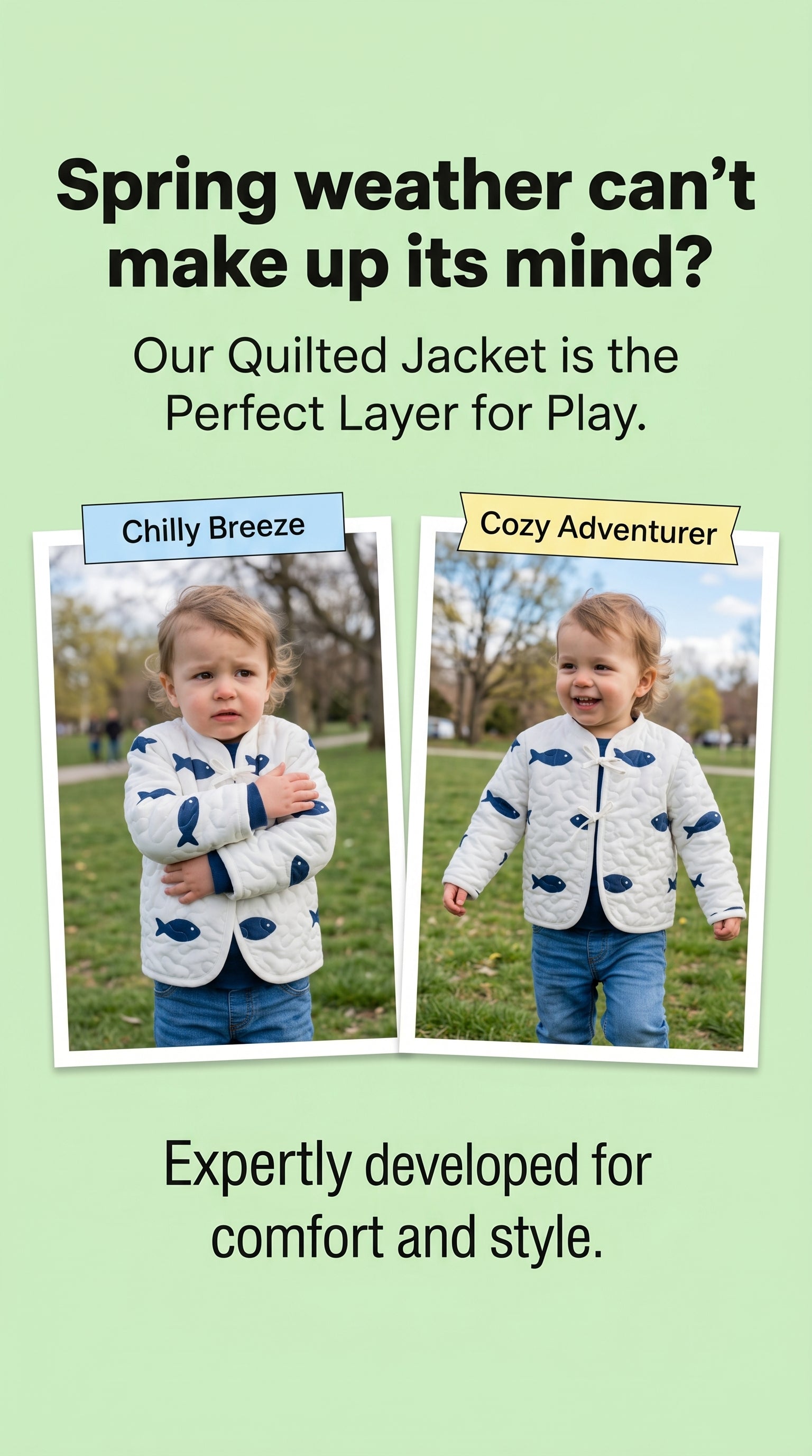 Toddler's Quilted Jacket, White with Blue Fishes