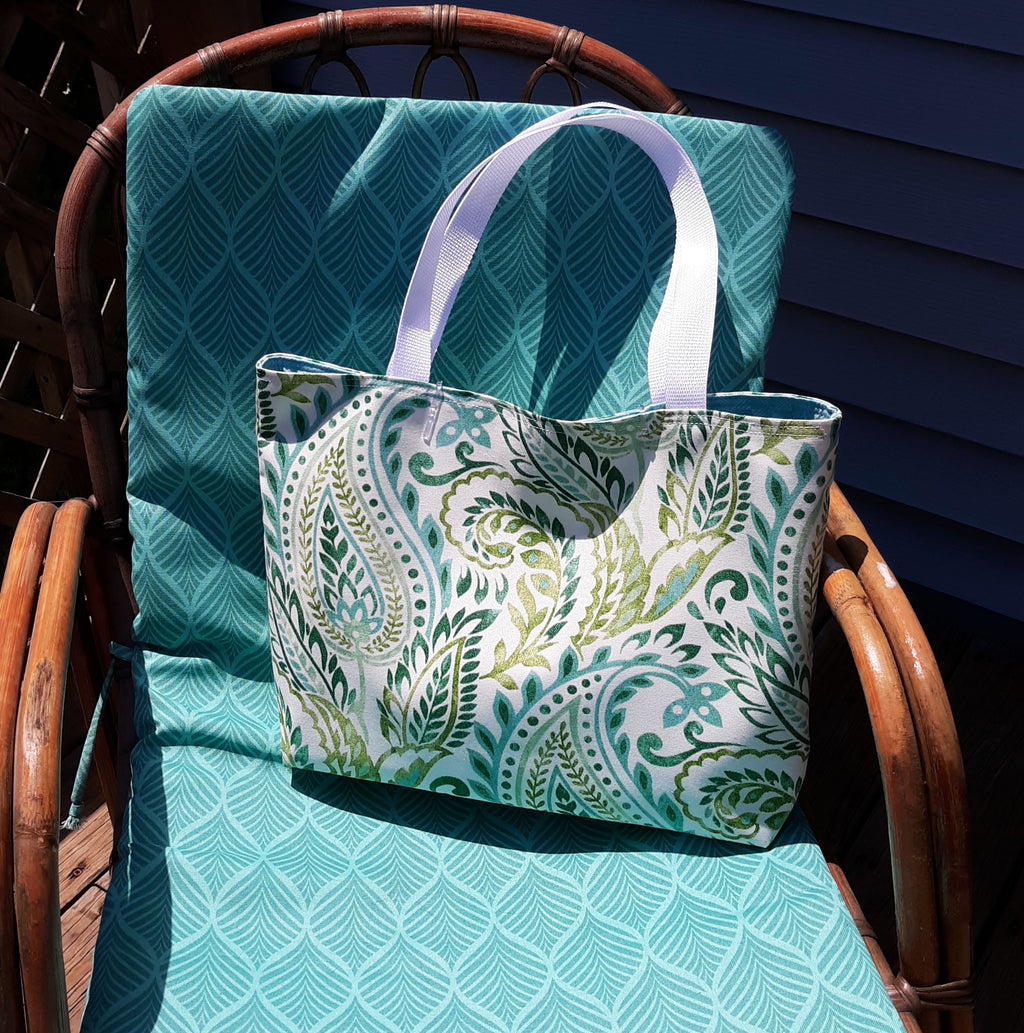 Paisley Beach Tote Bag, Blue Green Waterproof Outdoor Fabric