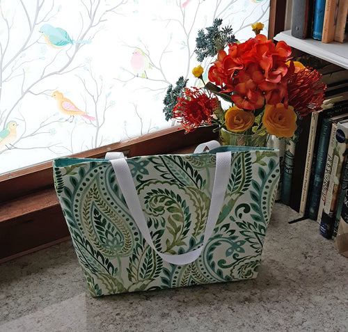 Handmade Blue & Green Paisley Waterproof Beach Tote Bag, Algura Design, Medium