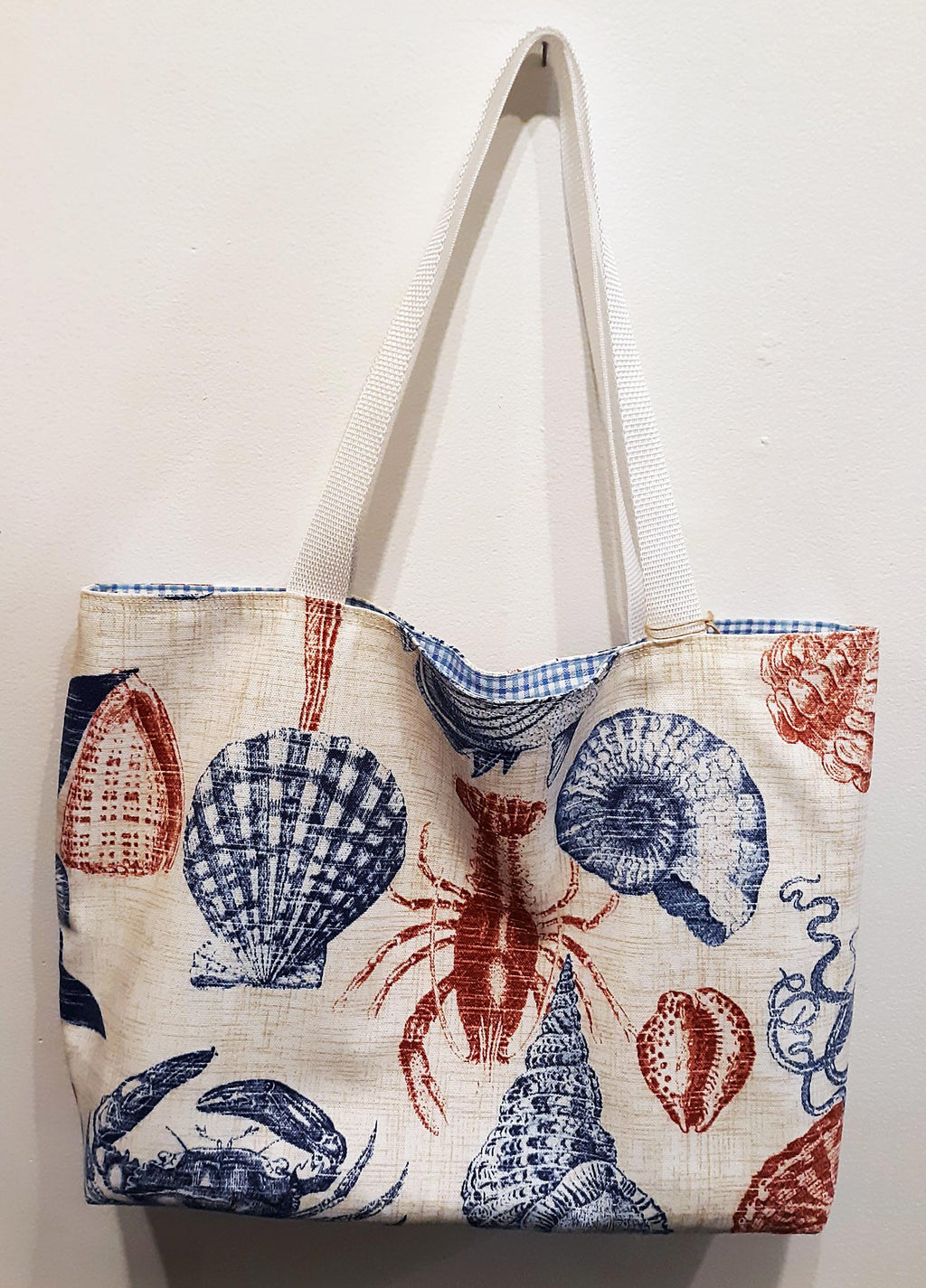Coastal Seashore Tote Bag, Red Blue Waterproof Outdoor Fabric
