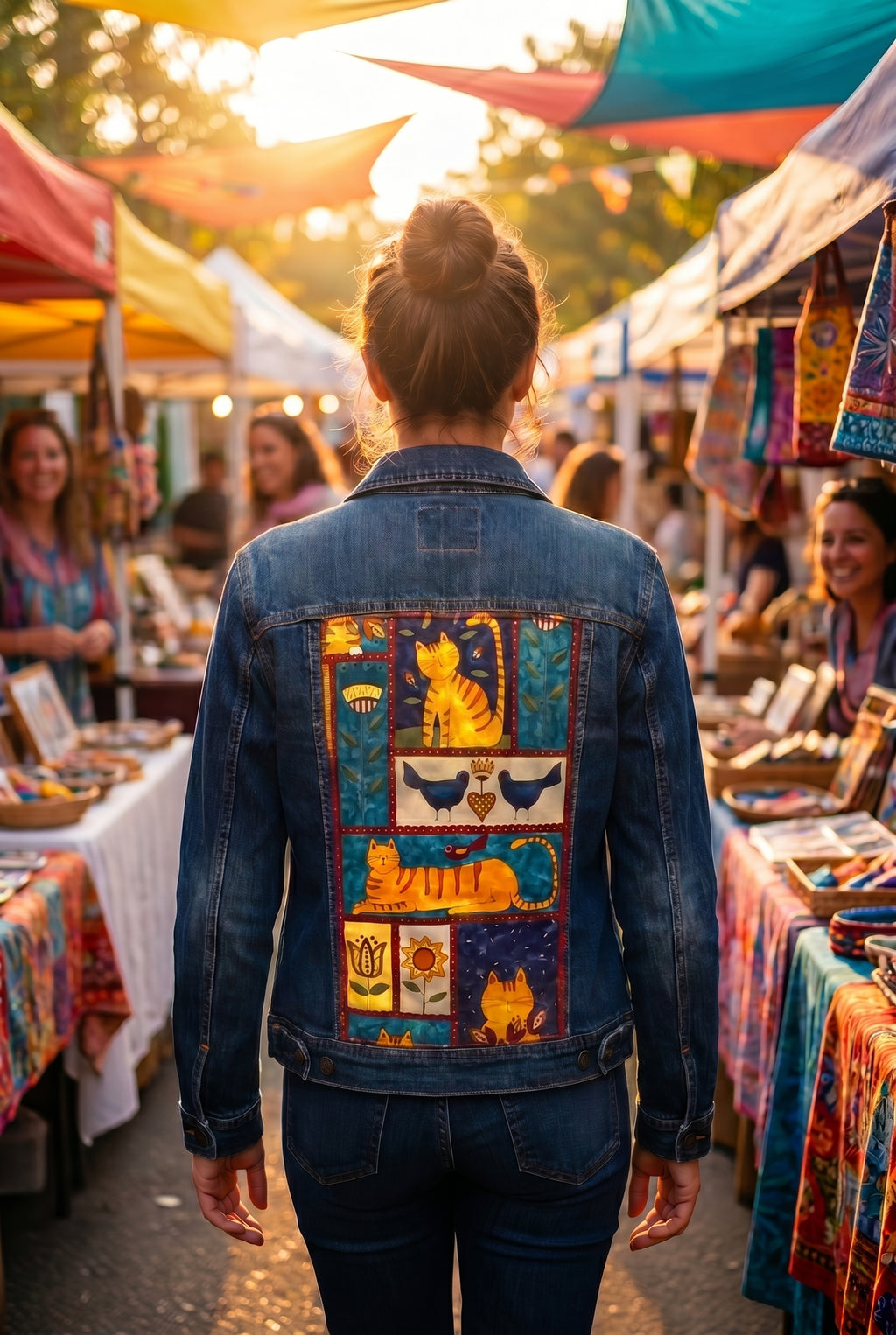 Upcycled Denim Jeans Jacket, Folk Art Cats Quilted Panel