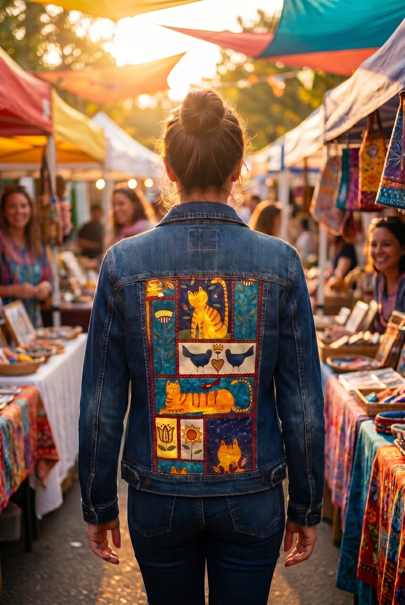 Upcycled Denim Jeans Jacket, Folk Art Cats Quilted Panel
