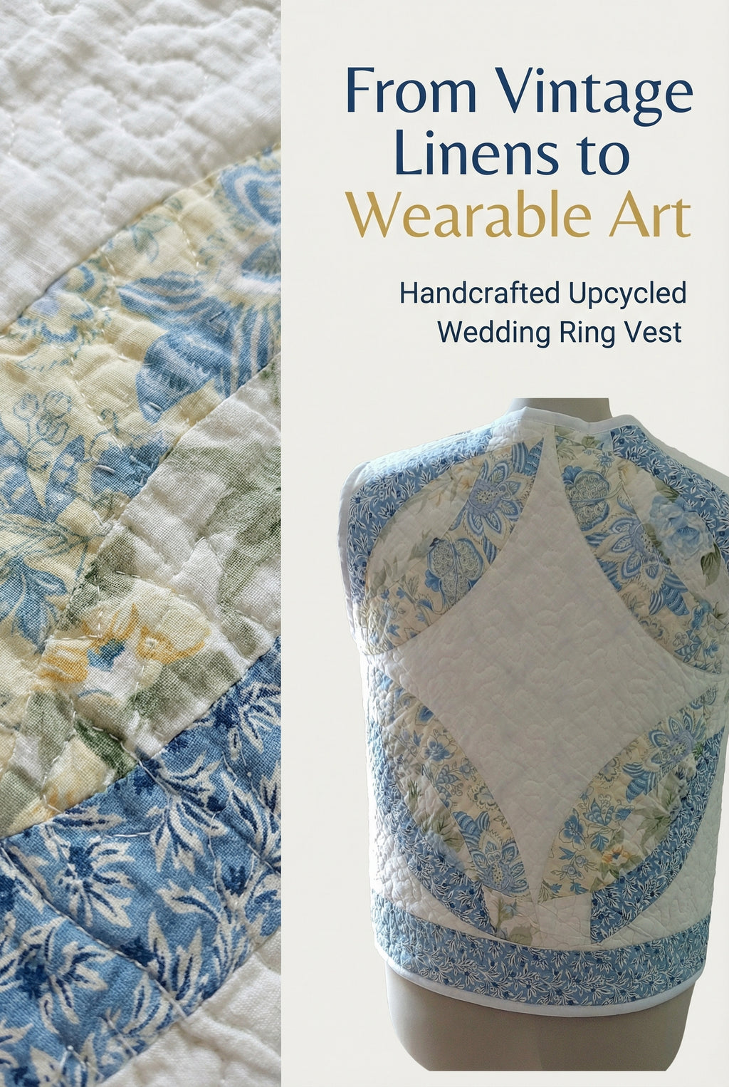Upcycled Quilt Vest, Wedding Ring Design, Blue & Yellow