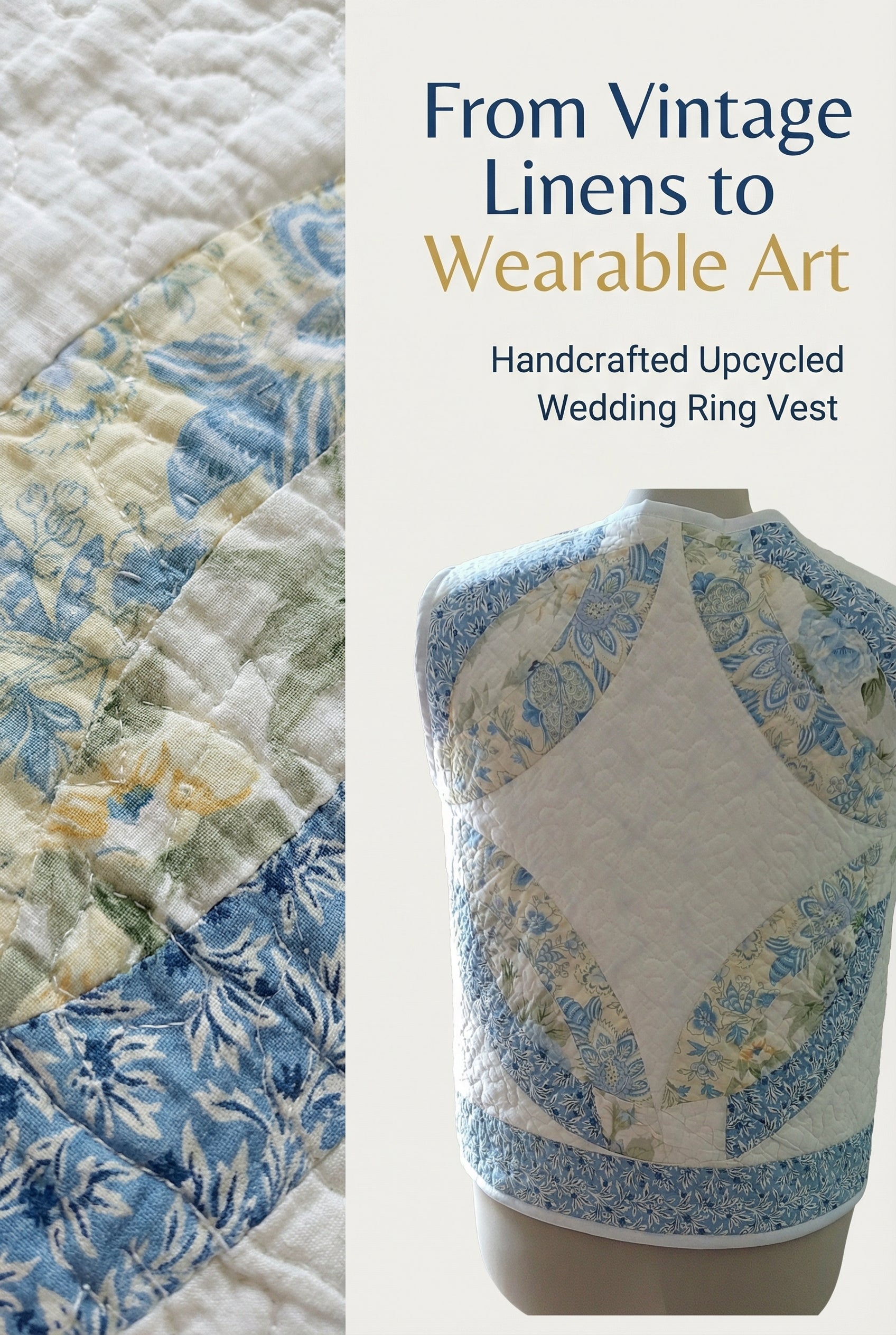 Upcycled Quilt Vest, Wedding Ring Design, Blue & Yellow
