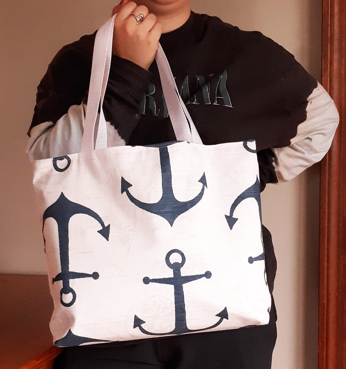 Handmade Nautical Tote Bag with Navy Anchor Print