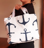 Handmade Nautical Tote Bag with Navy Anchor Print
