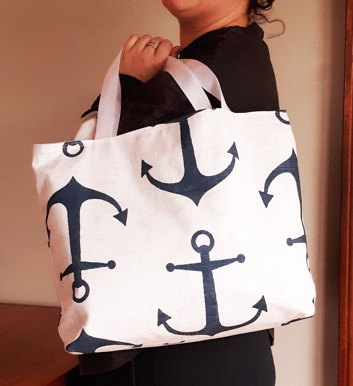 Handmade Nautical Tote Bag with Navy Anchor Print