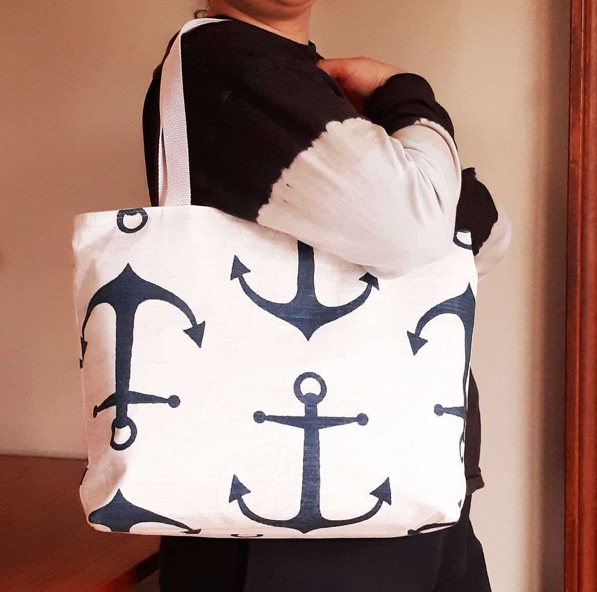 Handmade Nautical Tote Bag with Navy Anchor Print