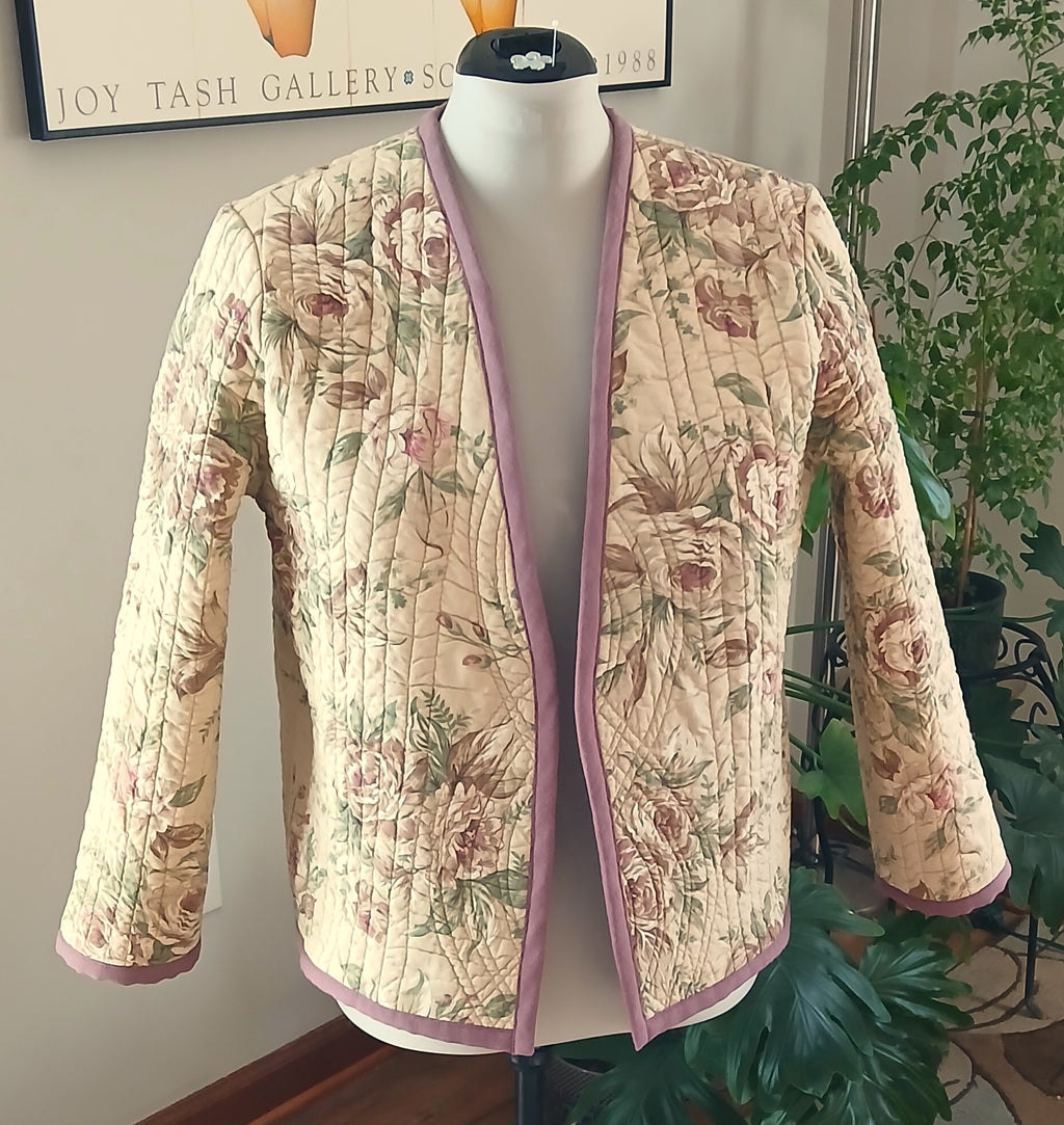Upcycled Quilt Jacket, Antique Vintage Rose Design Cotton