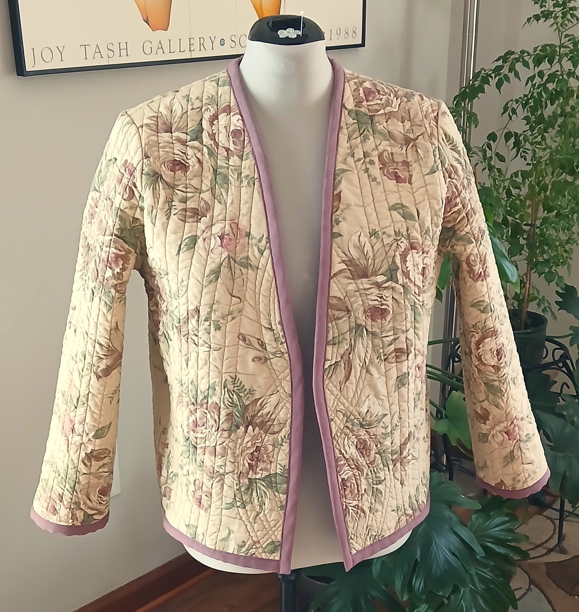 Upcycled Quilt Jacket, Antique Vintage Rose Design Cotton