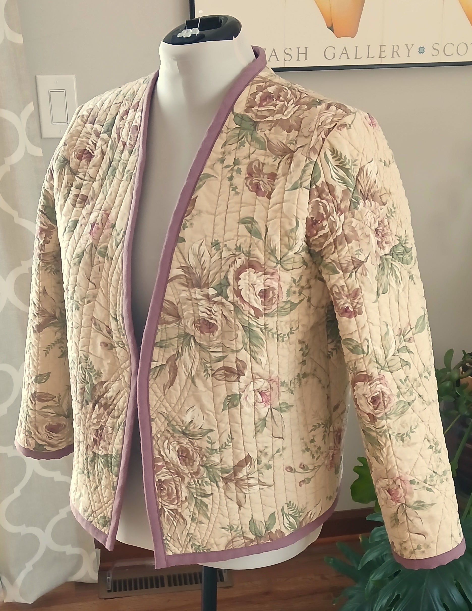 Upcycled Quilt Jacket, Antique Vintage Rose Design Cotton