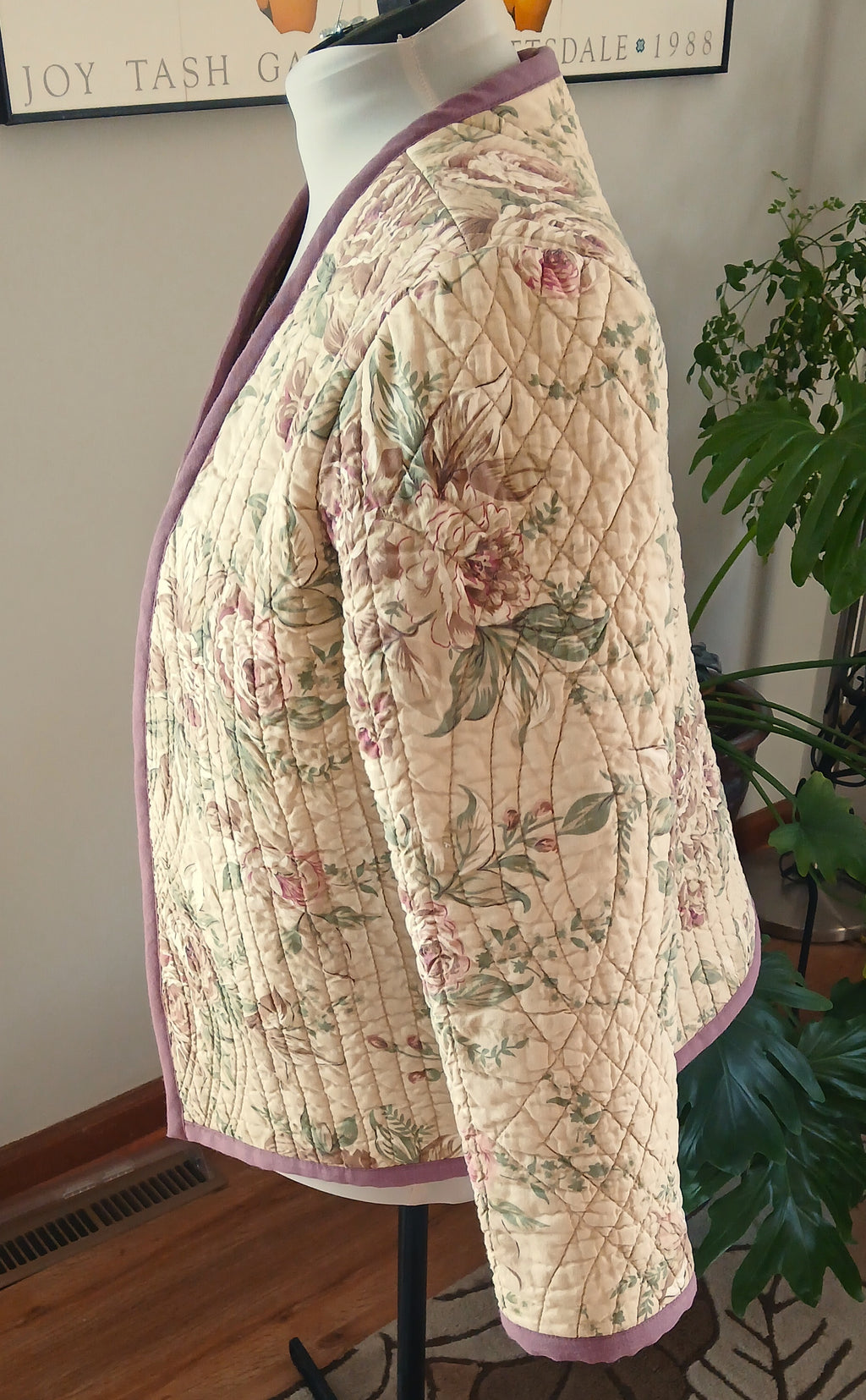 Upcycled Quilt Jacket, Antique Vintage Rose Design Cotton