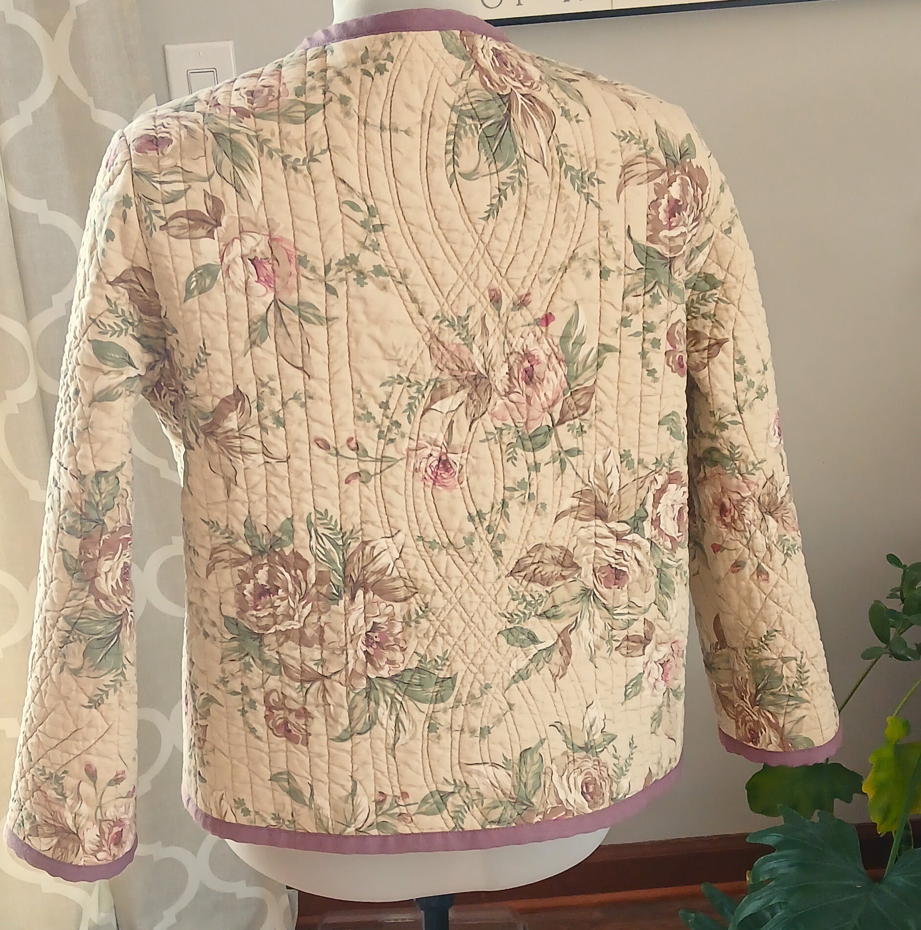 Upcycled Quilt Jacket, Antique Vintage Rose Design Cotton