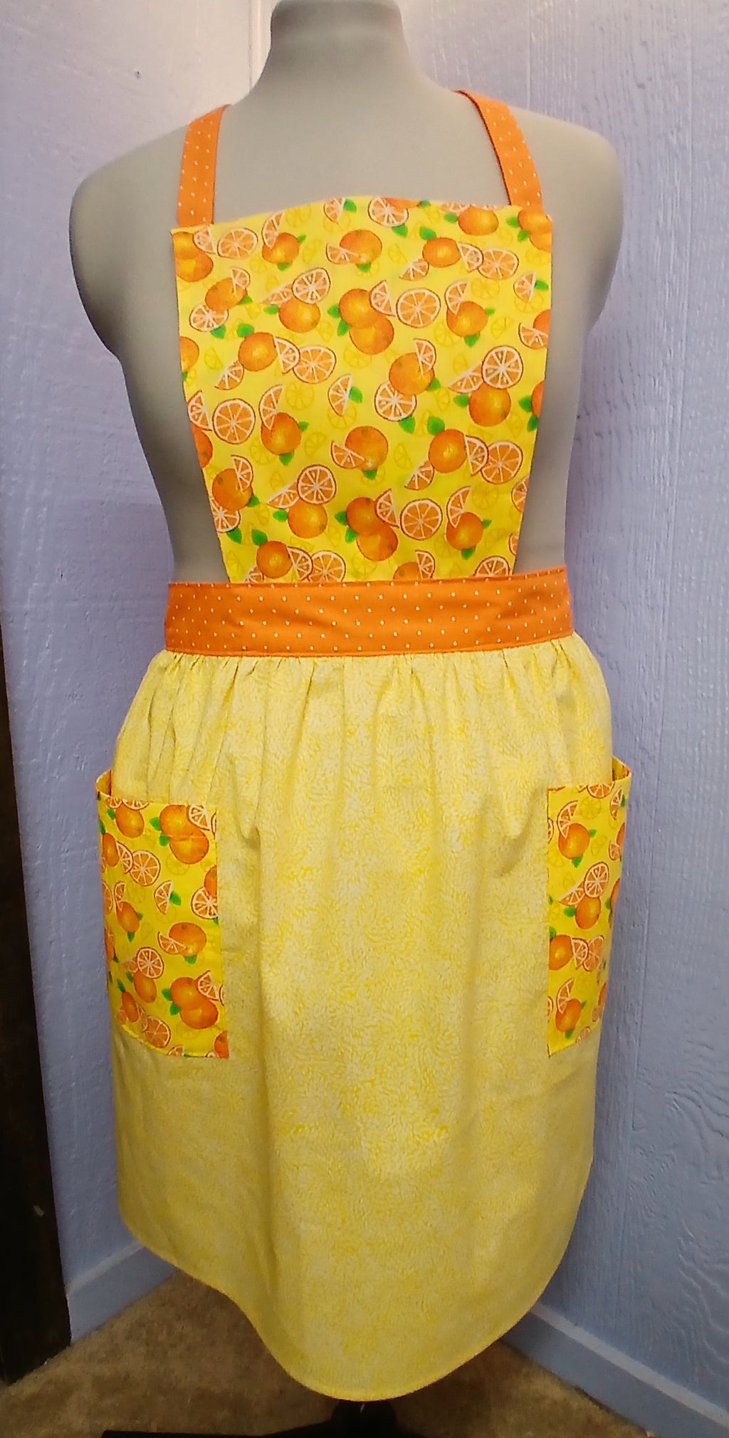 Vintage Style Bib Apron, Yellow & Orange Citrus Print Cotton