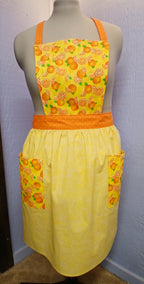 Vintage Style Bib Apron, Yellow & Orange Citrus Print Cotton
