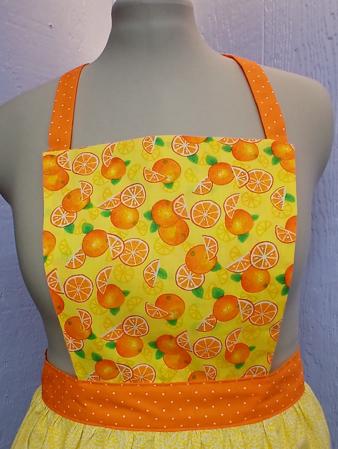 Vintage Style Bib Apron, Yellow & Orange Citrus Print Cotton