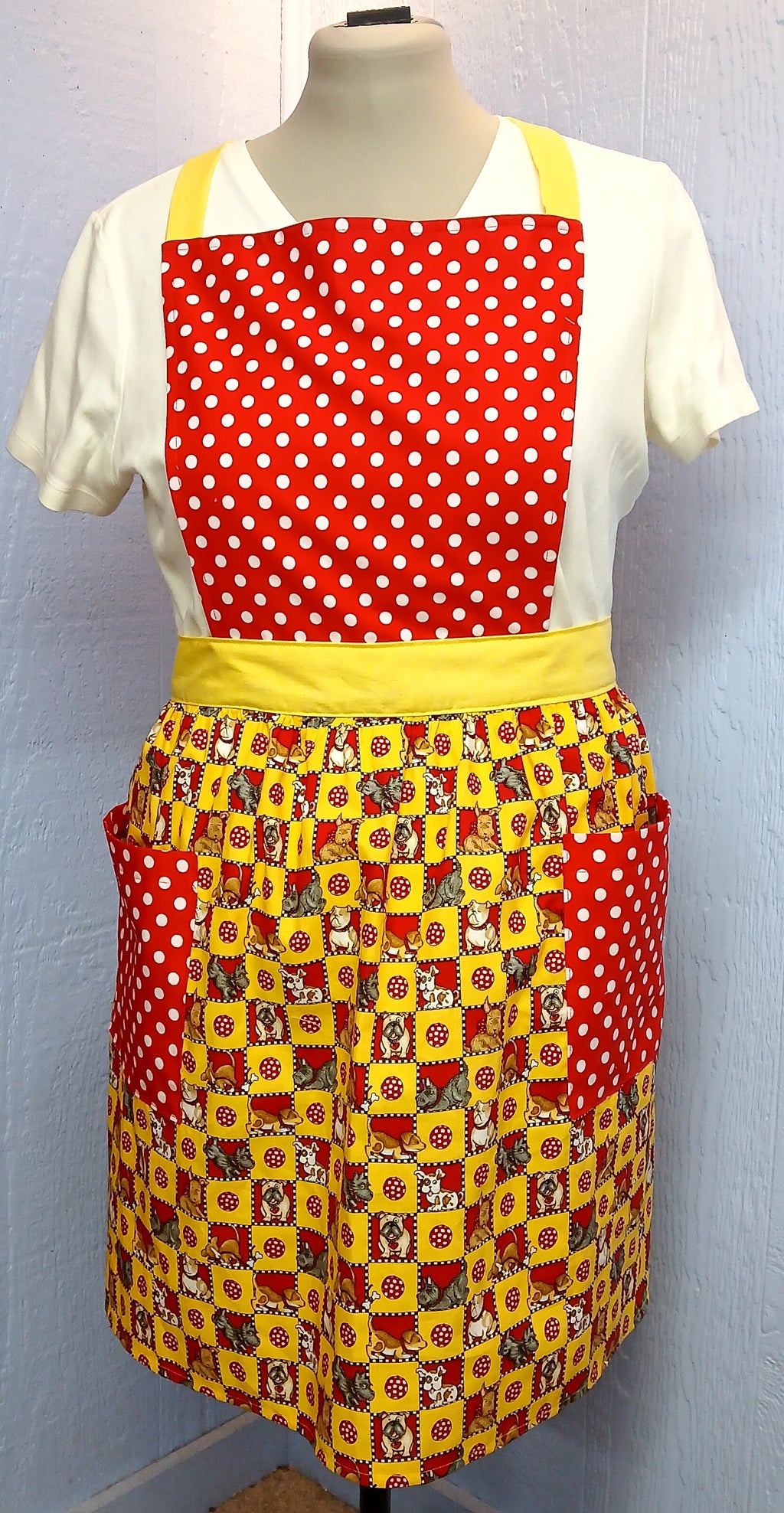 Handmade Full Bib Apron, Red Polka Dot & Dog Check, 100% Cotton