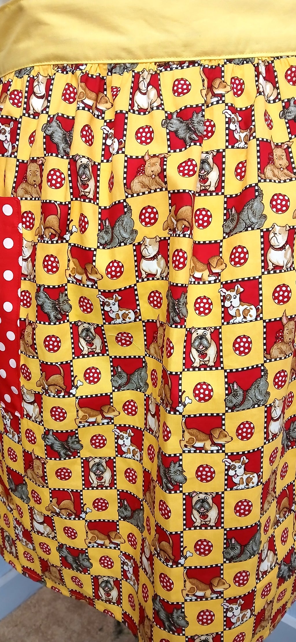 Handmade Full Bib Apron, Red Polka Dot & Dog Check, 100% Cotton