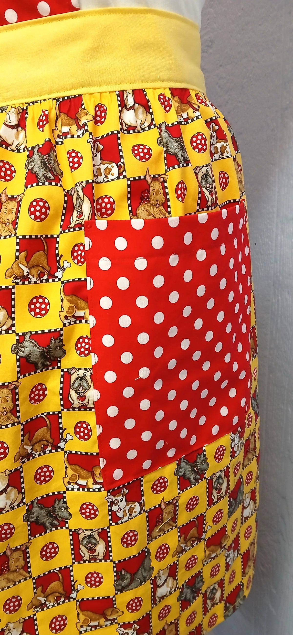 Handmade Full Bib Apron, Red Polka Dot & Dog Check, 100% Cotton