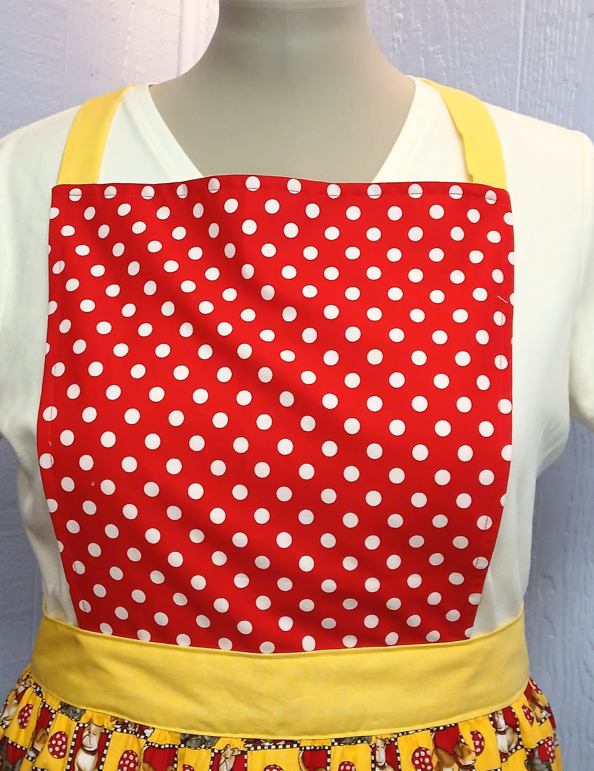 Handmade Full Bib Apron, Red Polka Dot & Dog Check, 100% Cotton