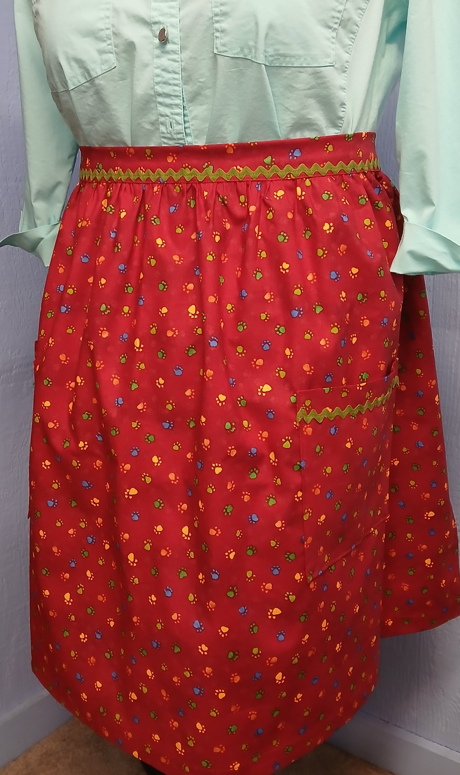 Kitchen Apron for Pet Lovers, Red Cotton with Paw Prints, Half Apron