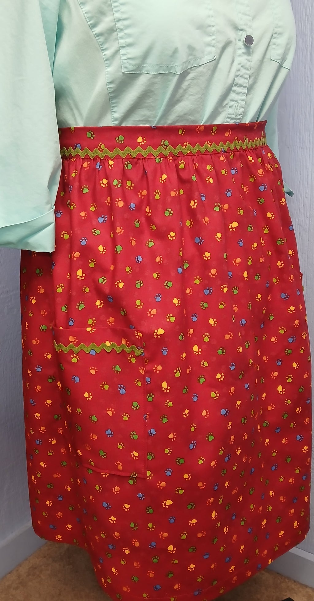 Kitchen Apron for Pet Lovers, Red Cotton with Paw Prints, Half Apron
