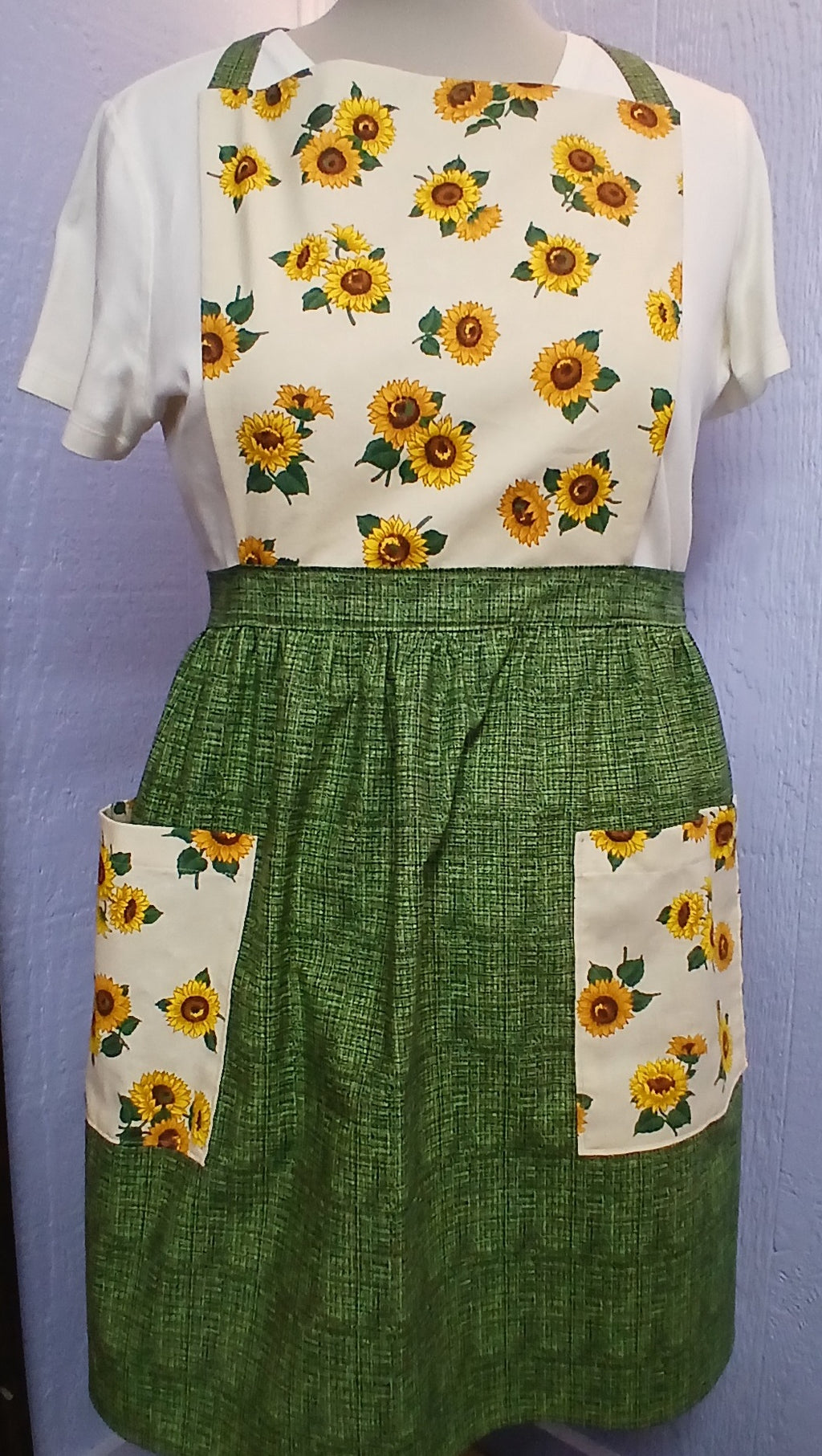 Handmade Full Bib Apron, Sunflower & Green 100% Cotton