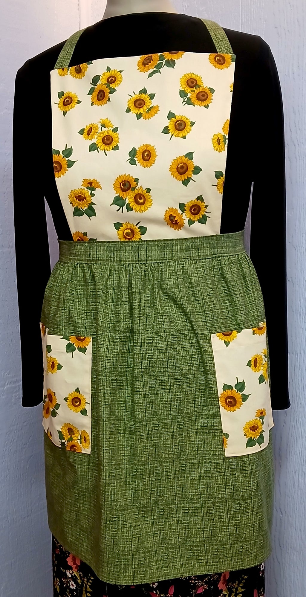 Handmade Full Bib Apron, Sunflower & Green 100% Cotton