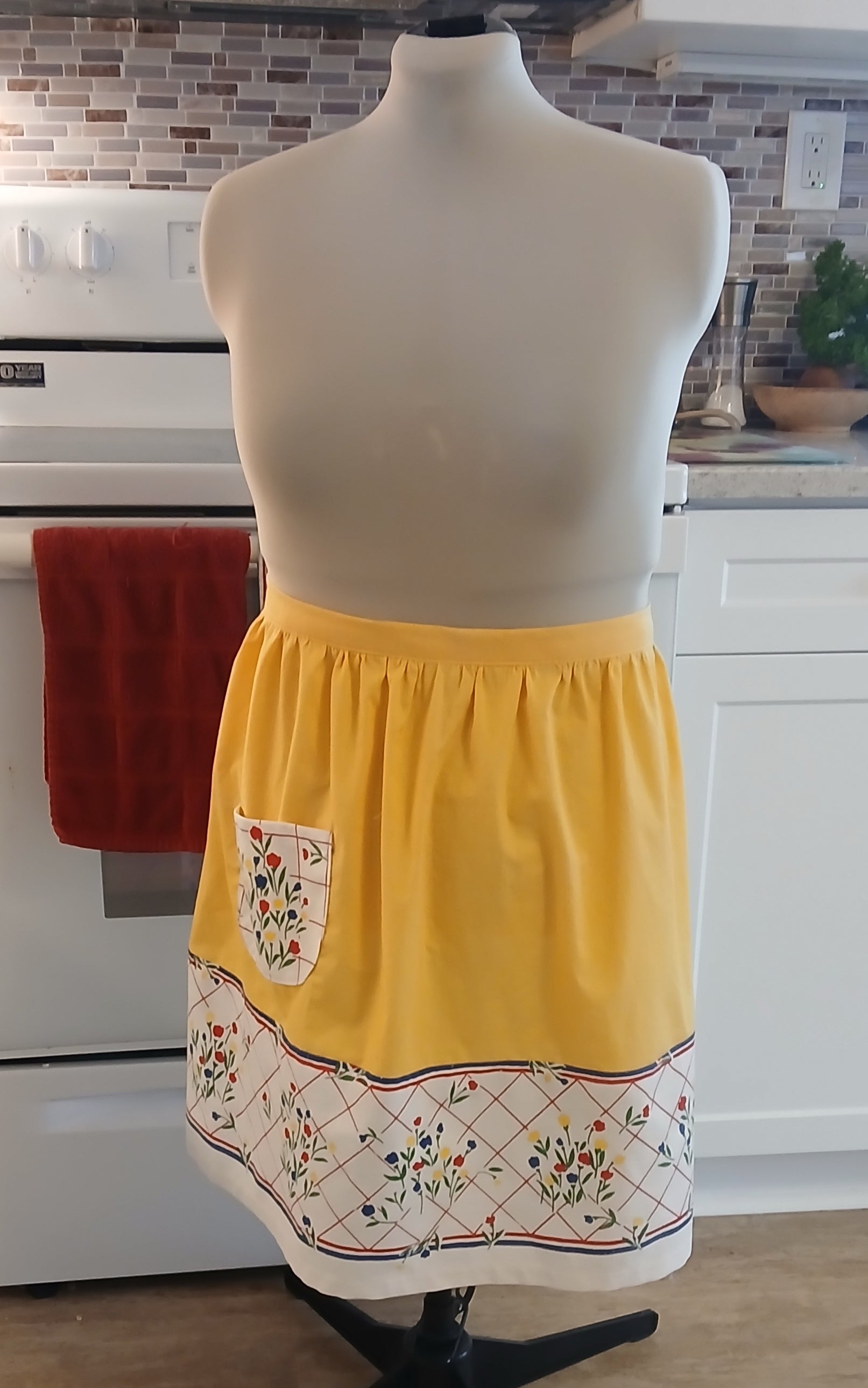 Kitchen Apron of Vintage Fabric, Yellow Half Apron