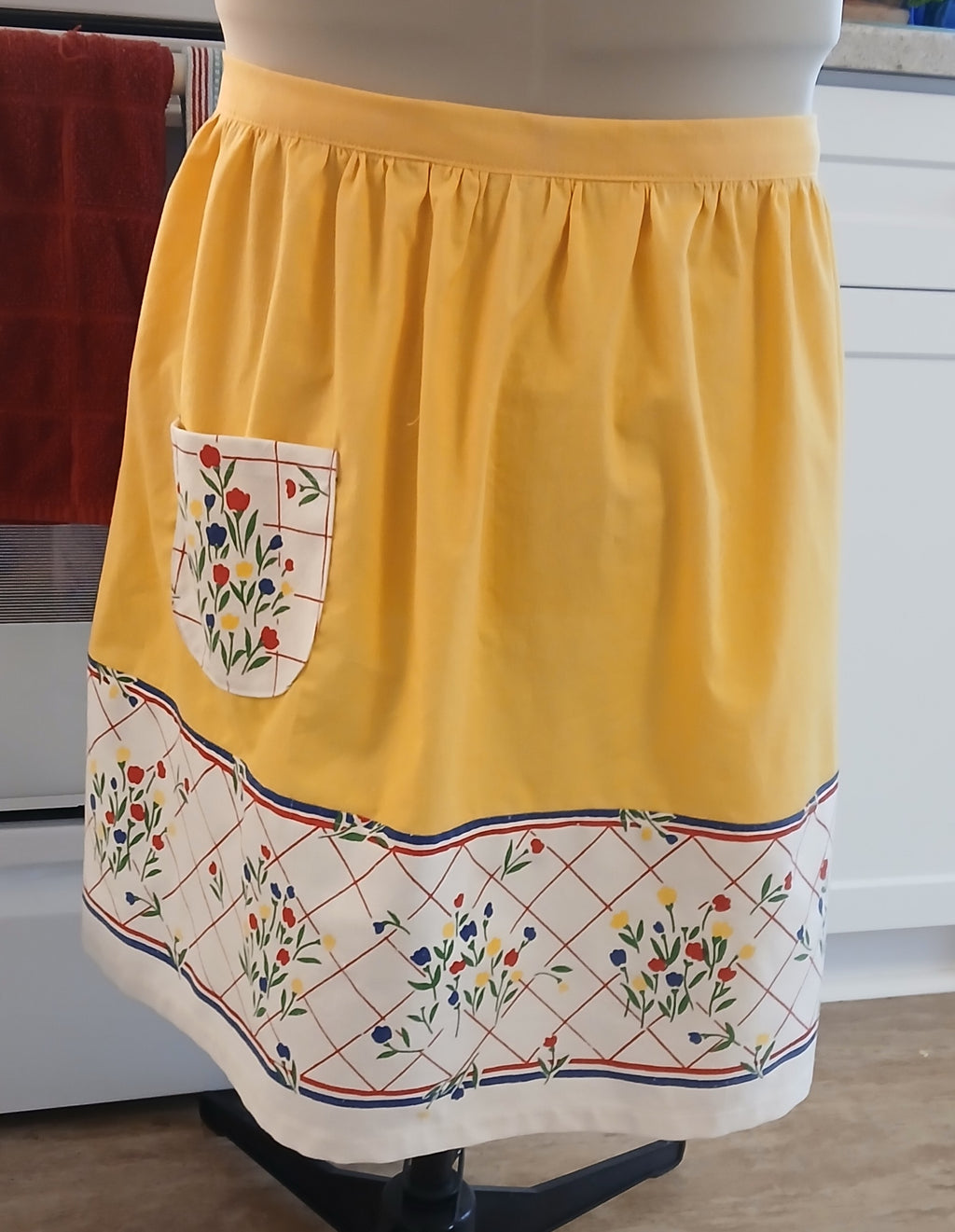 Kitchen Apron of Vintage Fabric, Yellow Half Apron