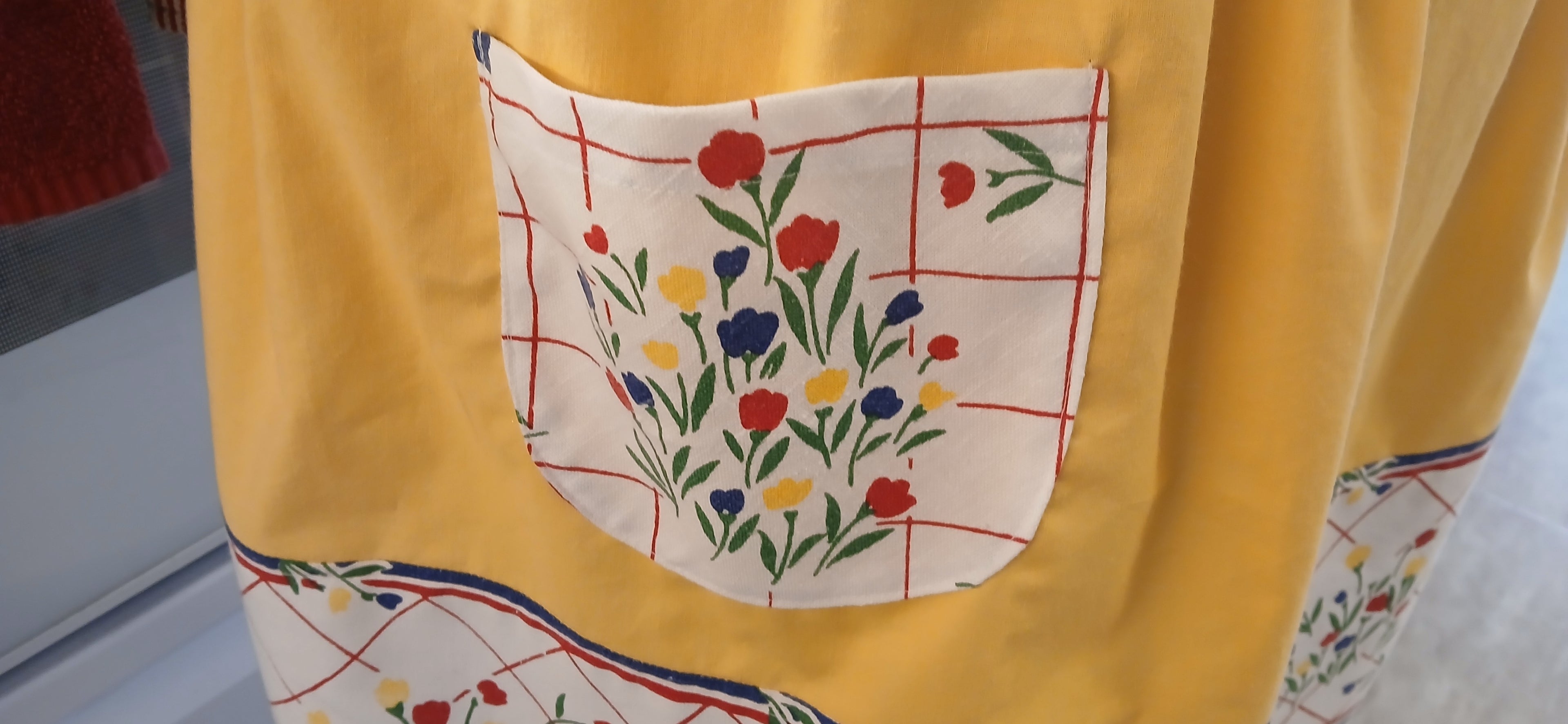Kitchen Apron of Vintage Fabric, Yellow Half Apron