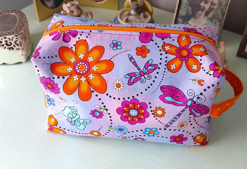 Boxy Makeup Bag with Zipper & Handle, 100% Cotton Prints