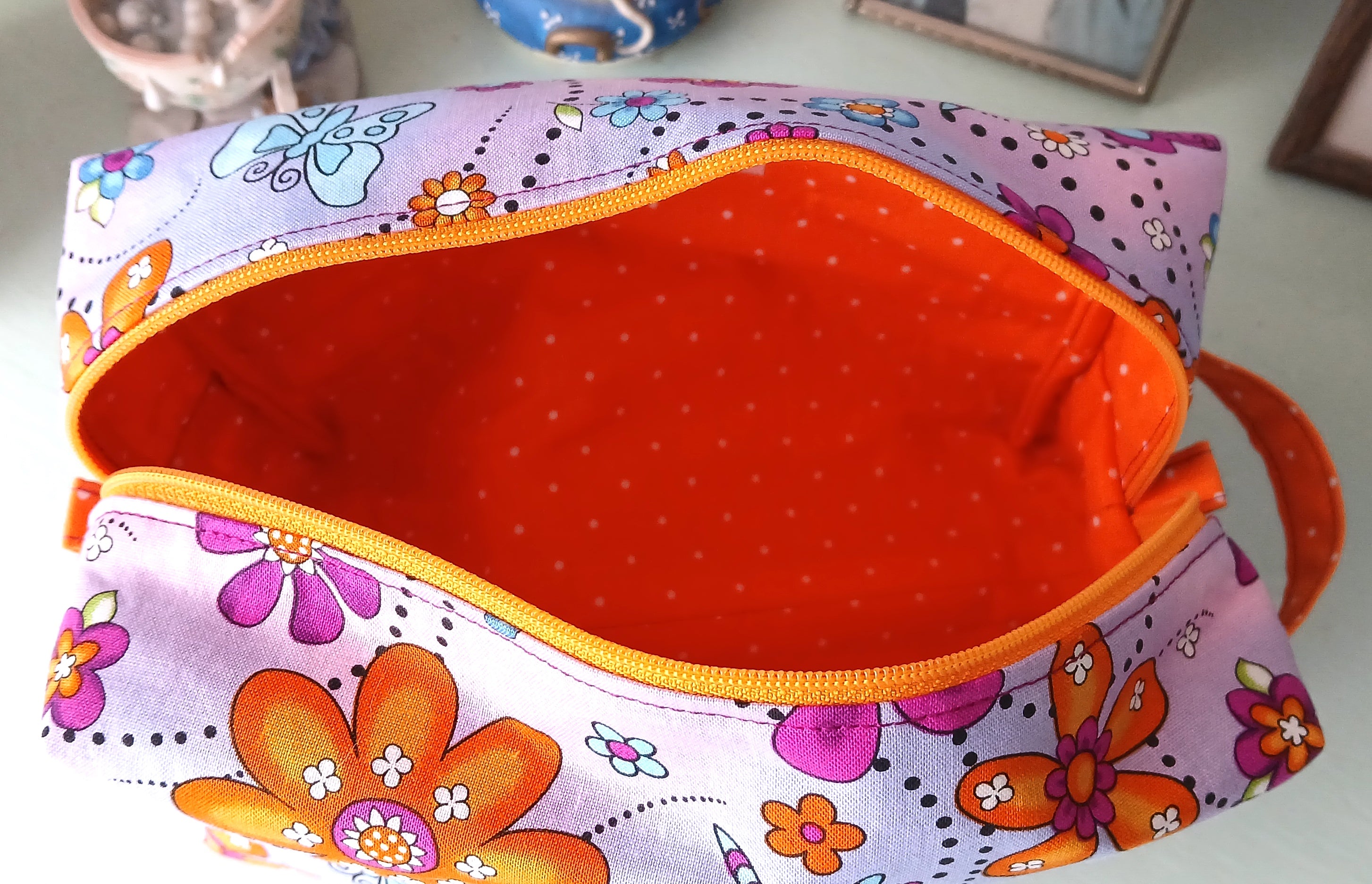 Boxy Makeup Bag with Zipper & Handle, 100% Cotton Prints