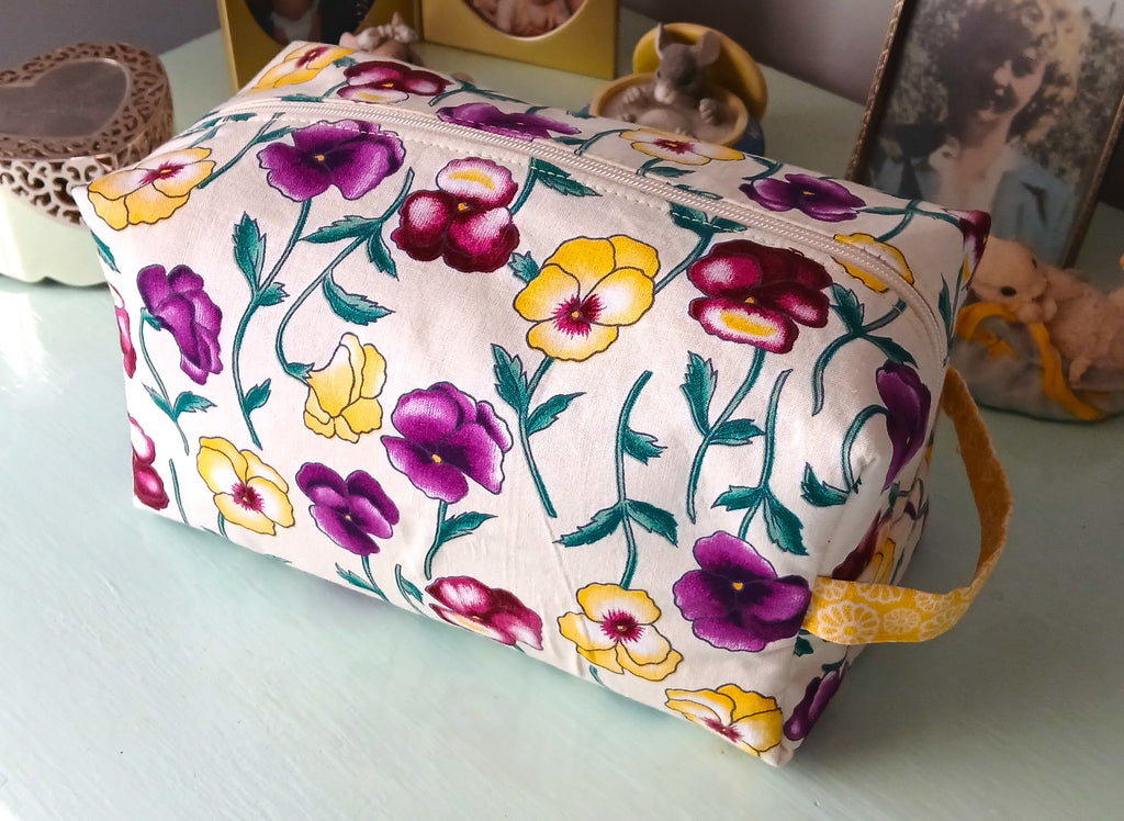 Boxy Makeup Bag with Zipper & Handle, 100% Cotton Prints