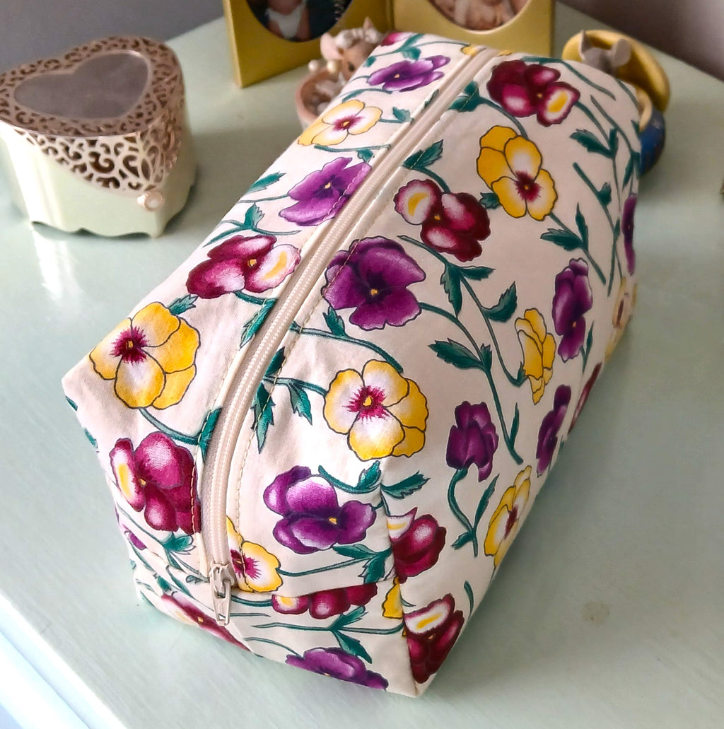Boxy Makeup Bag with Zipper & Handle, 100% Cotton Prints