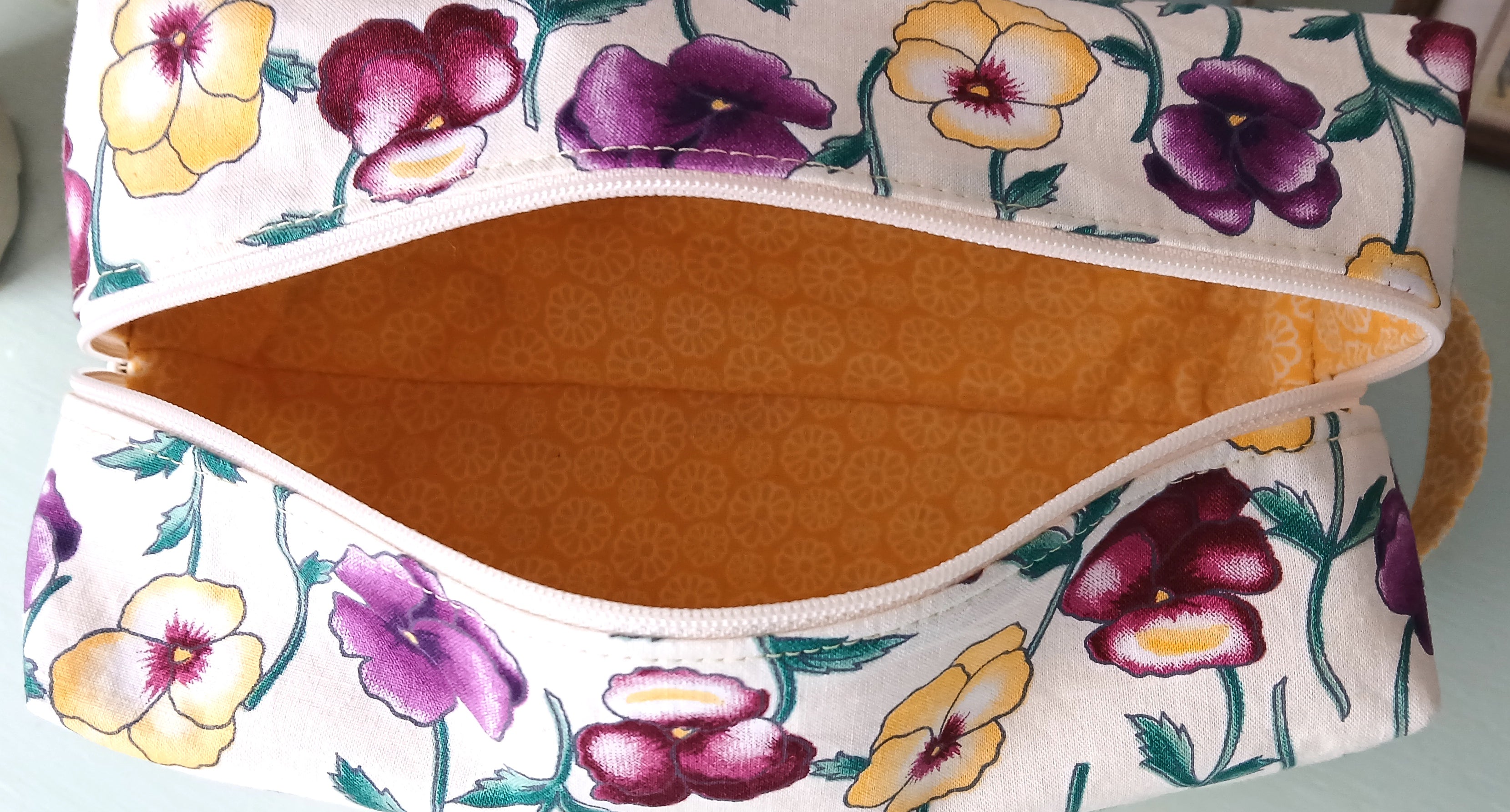 Boxy Makeup Bag with Zipper & Handle, 100% Cotton Prints