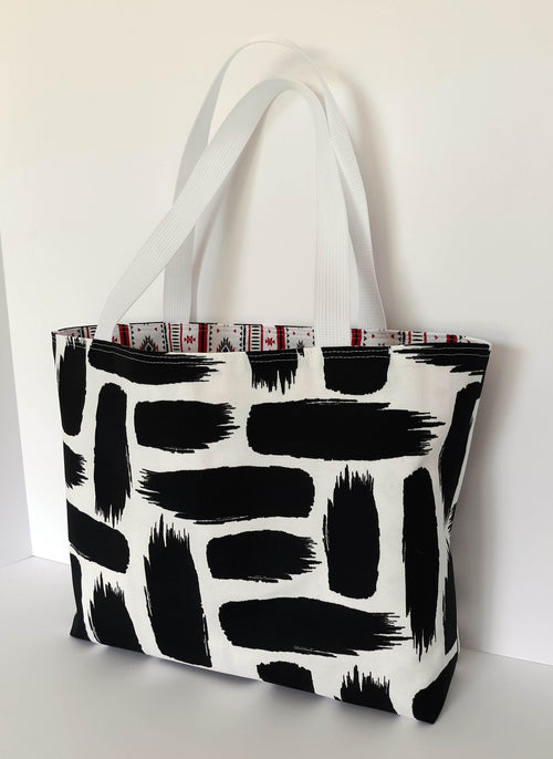 Handmade Black & White Waterproof Beach Tote Bag, Baja Design, Medium
