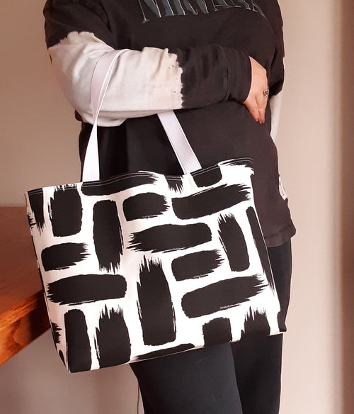 Handmade Black & White Waterproof Beach Tote Bag, Baja Design, Medium