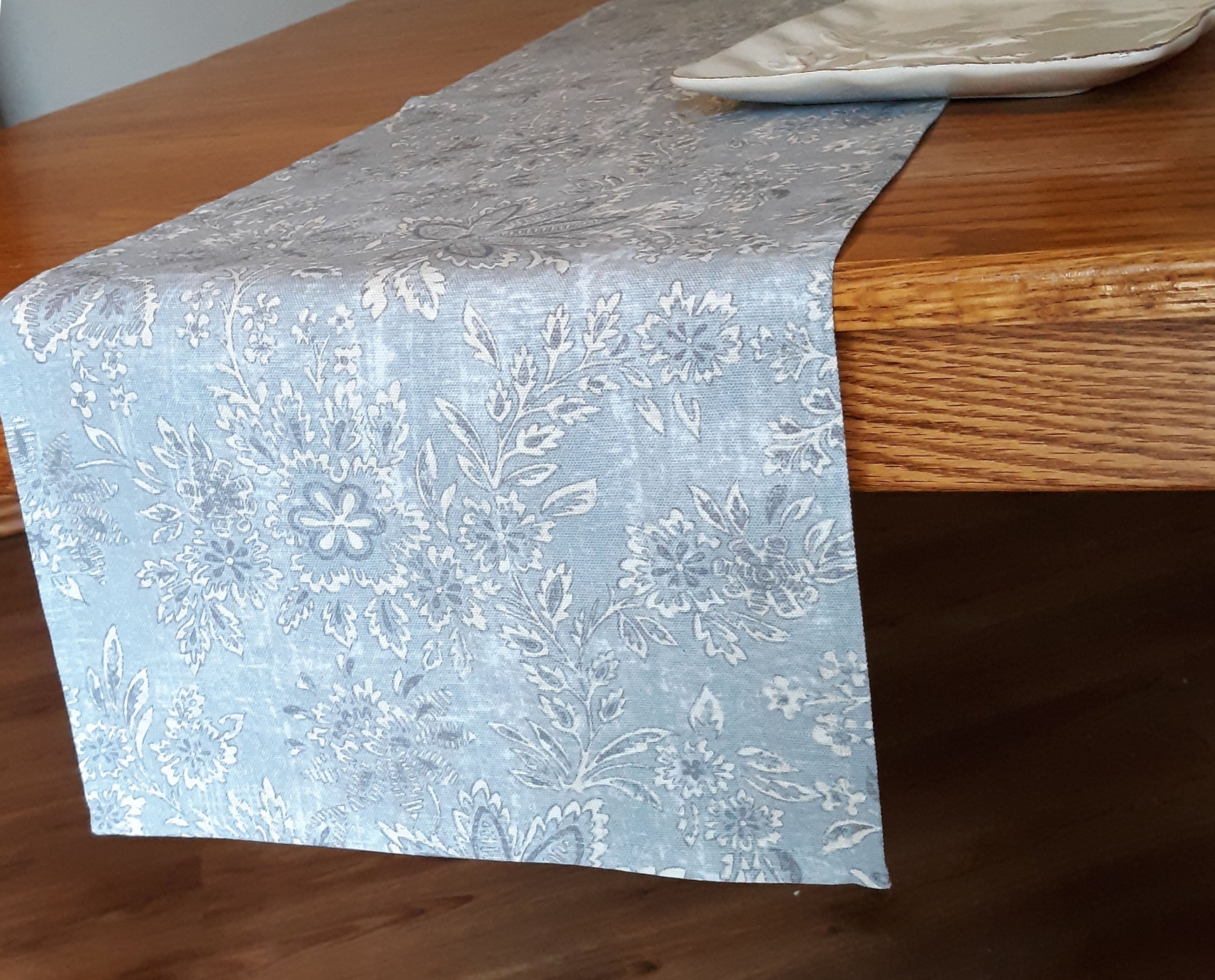 Batik Print Table Runner, Blue Gray 100% Cotton