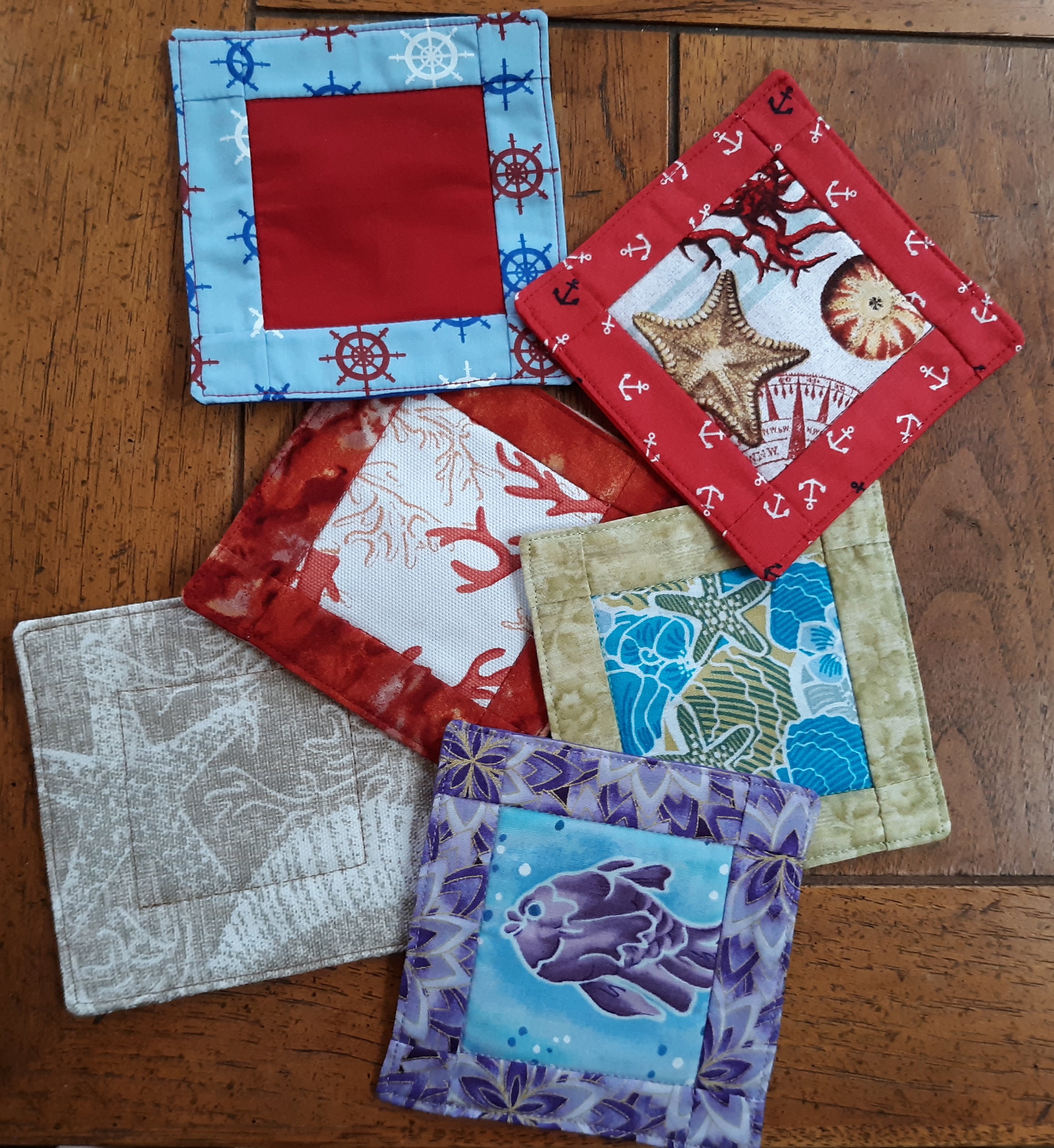 Coastal Theme Drink Coasters, Beach & Nautical Designs, 100% Cotton, Set of 4