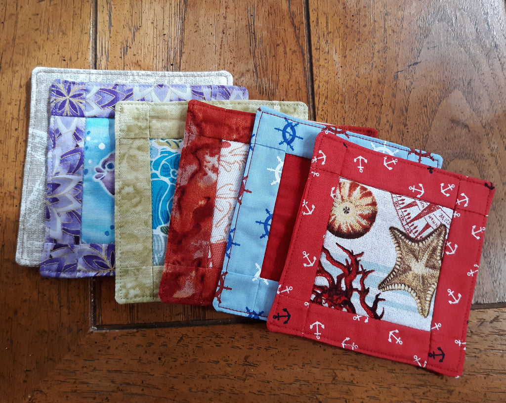 Coastal Theme Drink Coasters, Beach & Nautical Designs, 100% Cotton, Set of 4
