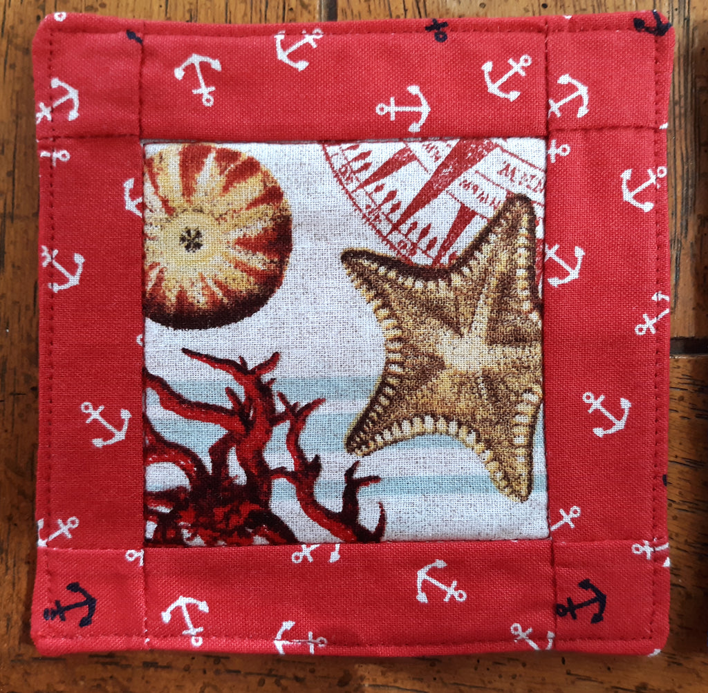 Coastal Theme Drink Coasters, Beach & Nautical Designs, 100% Cotton, Set of 4