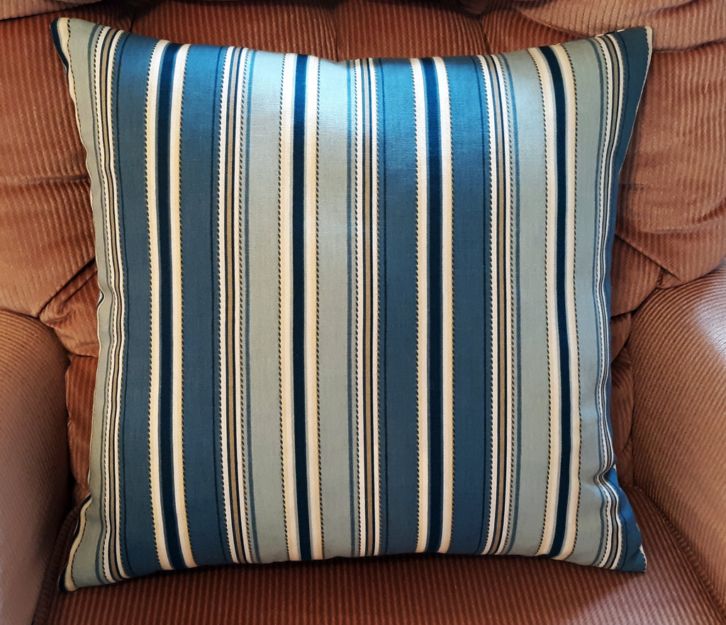 Handmade Blue Stripe Throw Pillow Cover, 18"x18", Teal Navy & Cream Satin Stripe, 100% Cotton