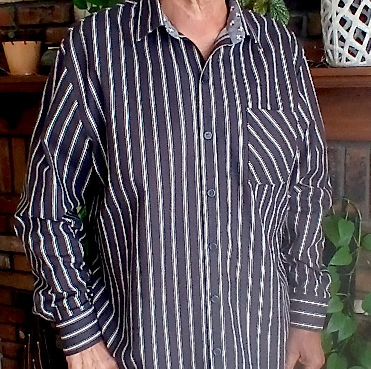 Handmade Black & White Stripe Cotton Shirt | Dog Dad Gift | Doggie Bone Cuff Detail