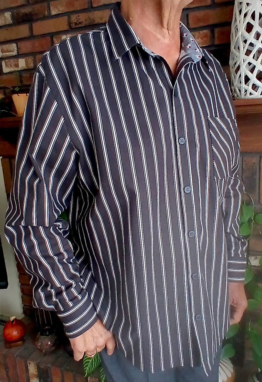 Handmade Black & White Stripe Cotton Shirt | Dog Dad Gift | Doggie Bone Cuff Detail