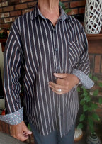Handmade Black & White Stripe Cotton Shirt | Dog Dad Gift | Doggie Bone Cuff Detail