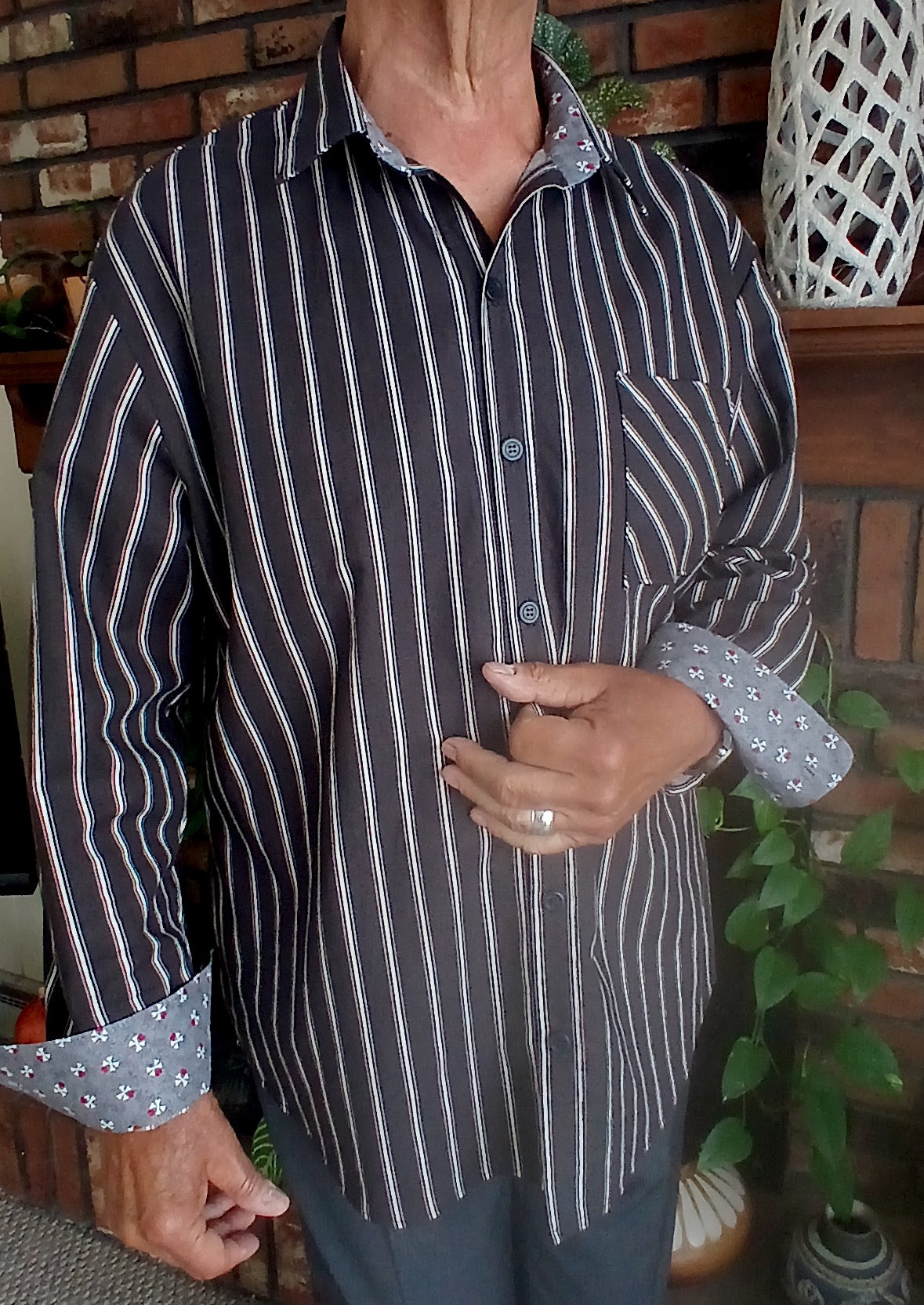 Handmade Black & White Stripe Cotton Shirt | Dog Dad Gift | Doggie Bone Cuff Detail