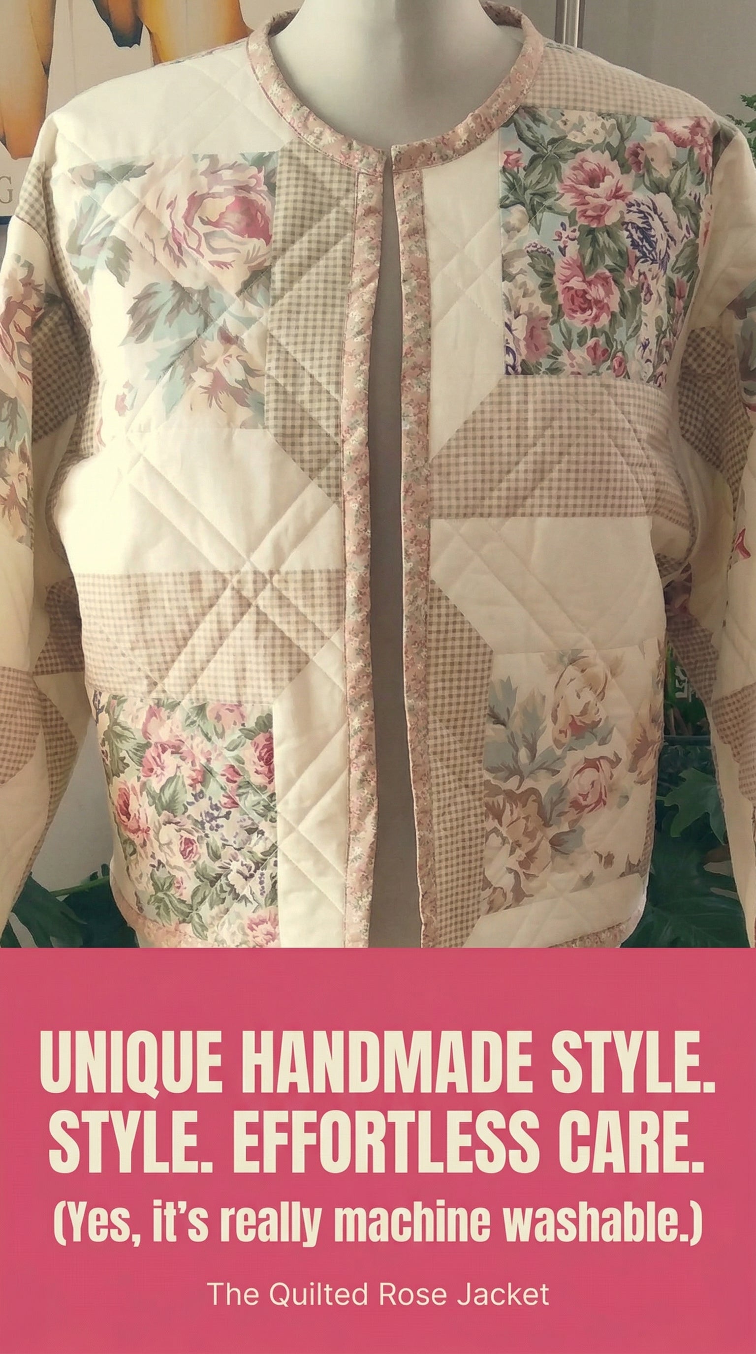Upcycled Quilt Jacket, Rose Floral Block Pattern