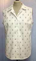 Women's Handmade Sleeveless Cotton Blouse, Navy Anchor Print, One of a Kind